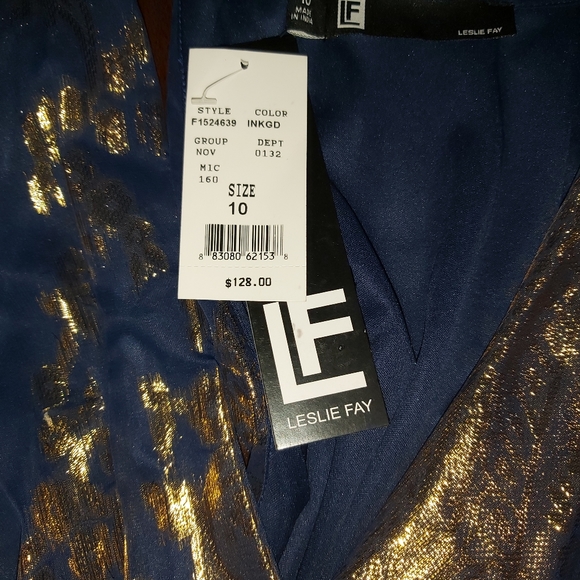 LESLIE FAY Women's Blue With Gold Metallic Maxi Dress Size 10 - Picture 9 of 9
